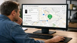 Uma pessoa acessando o Google Localizador, via Web
