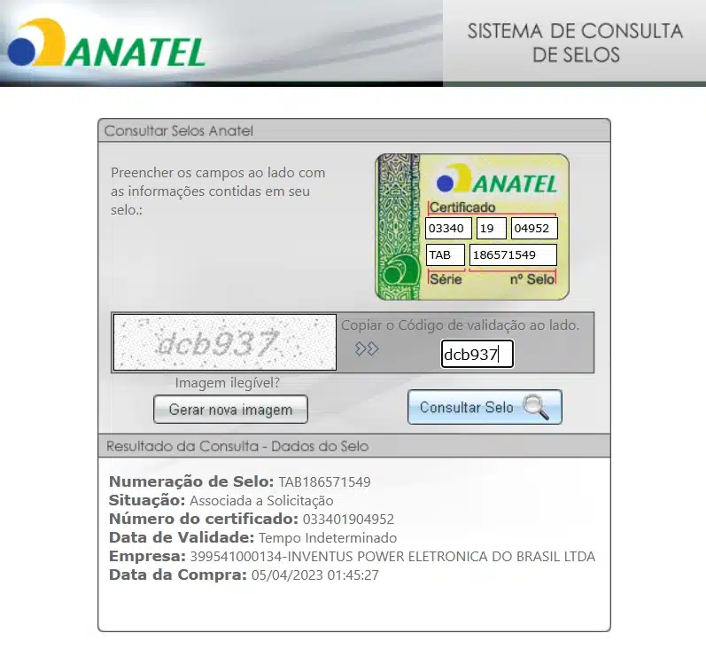 Tela para consultar selo de homologação da Anatel (baterias de lítio e carregadores)