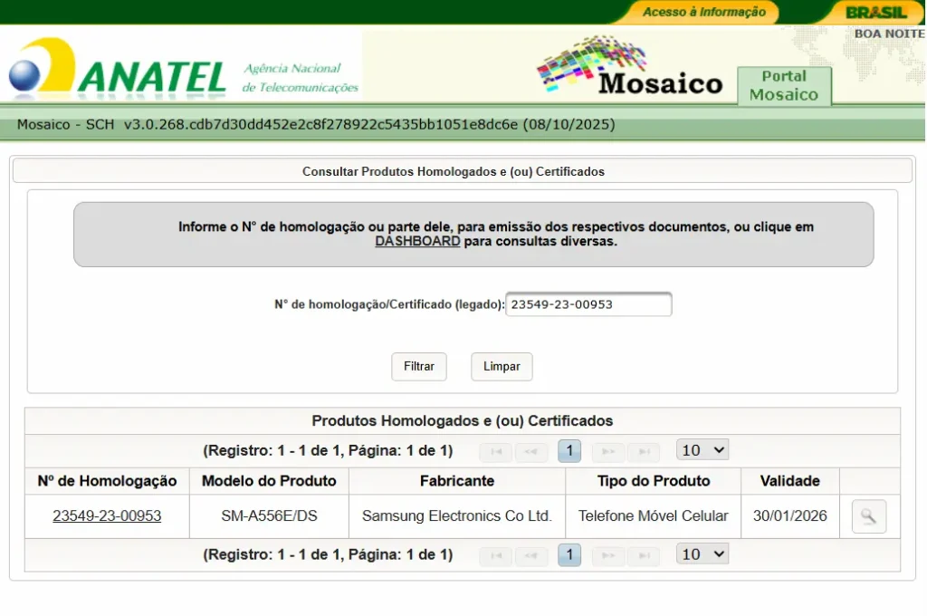 Tela do sistema da Anatel para consultar produtos homologados