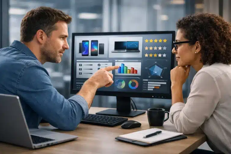 Dois profissionais analisando computador em escritório moderno, comparando produtos e trocando dicas sobre tecnologia da informação